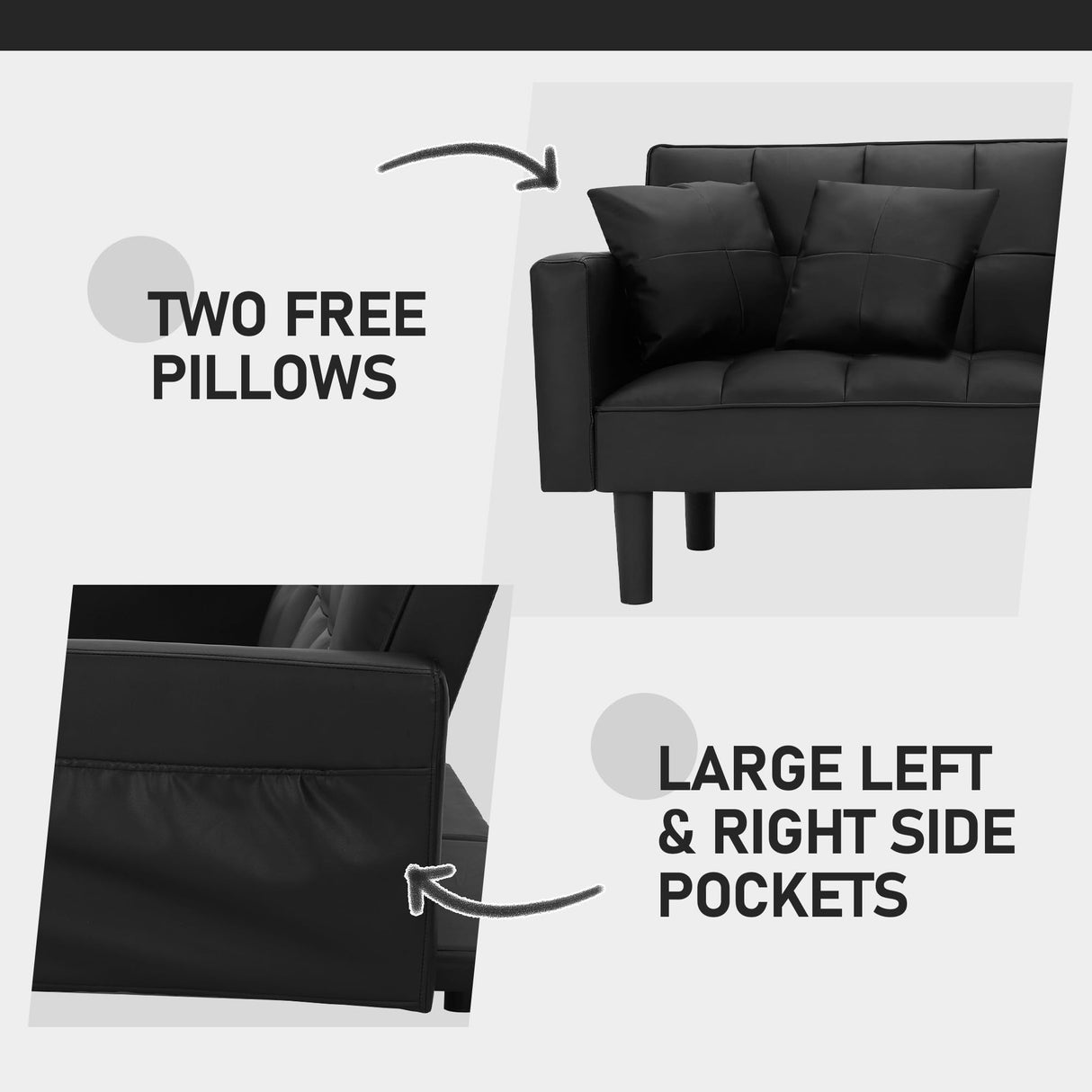 AVAWING Futon Sofa Bed, Modern Leather Convertible Upholstered Sleeper Couch with Adjustable Back, Arms and High Strength Nylon Legs for Living Room, Apartment, Office (Black) AVAWING