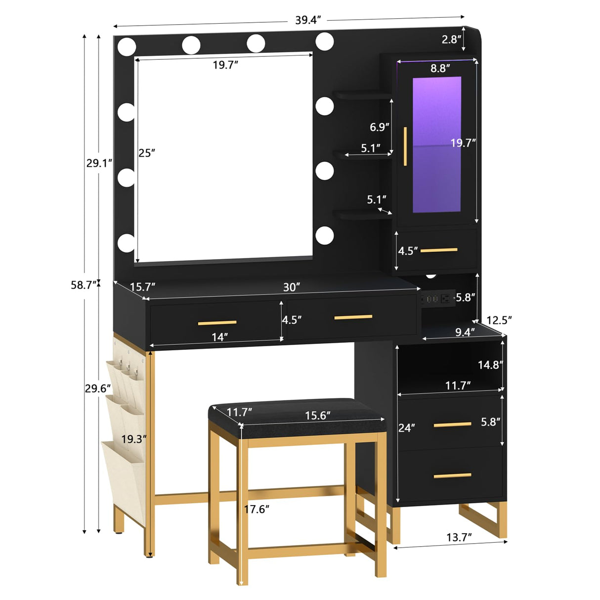 Makeup Vanity Table Set with LED Lights & Charing Station, Large Make up Vanity Desk with Mirror and Lights, Dressing Vanity Table with Nightstand & Soft Stool, Black Vanity with Drawers & RGB Cabinet CSZZD