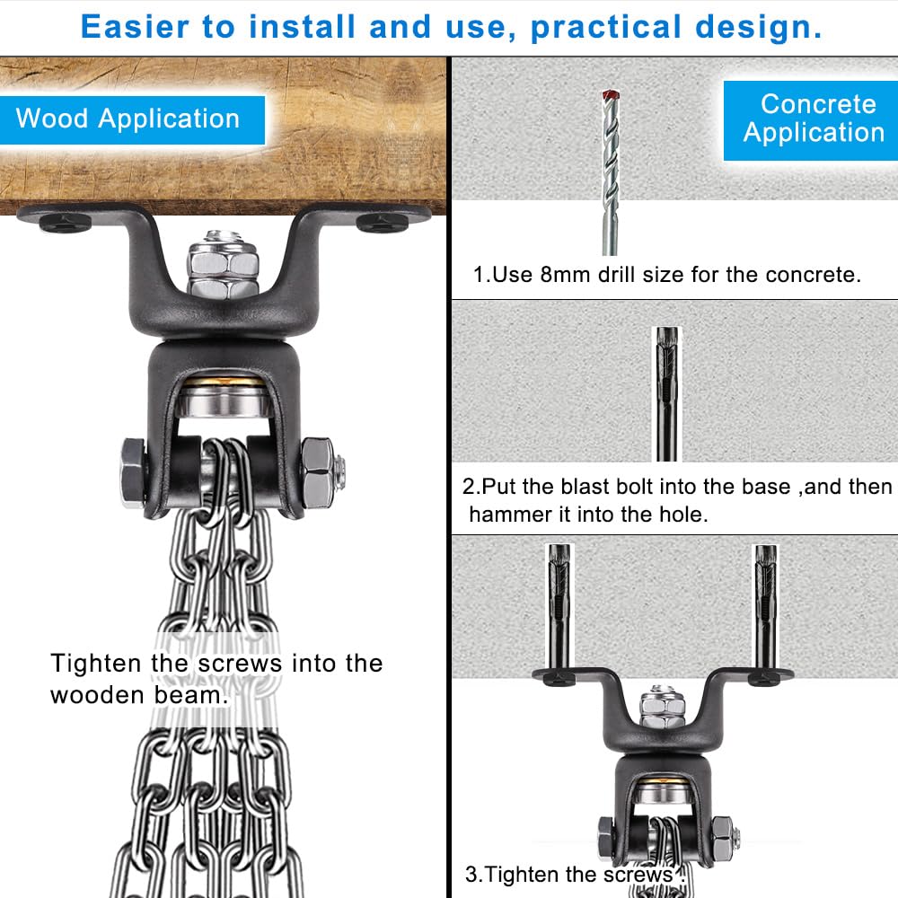 BeneLabel Heavy Duty Boxing Punching Bag Chain, 800 LB Capacity, 360° Rotation Wood Beam Holder with 4 Chains and 4 Carabiners, 2 Wood Screws for Wooden Sets BeneLabel