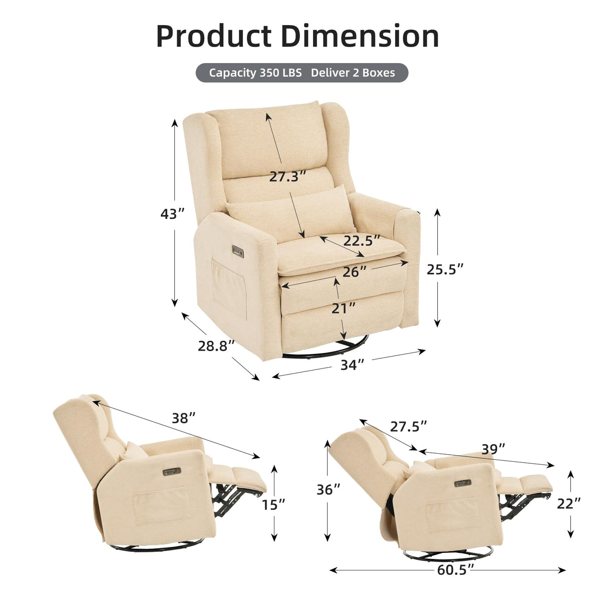 Rhevoy Oversized Swivel Rocker Recliner Chair, 26" Extra Wide Glider Nursery Chair with Adjustable Headrest, Chenille Power Recliner Rocking with Double Cushion, Cup Holder, Beige Rhevoy