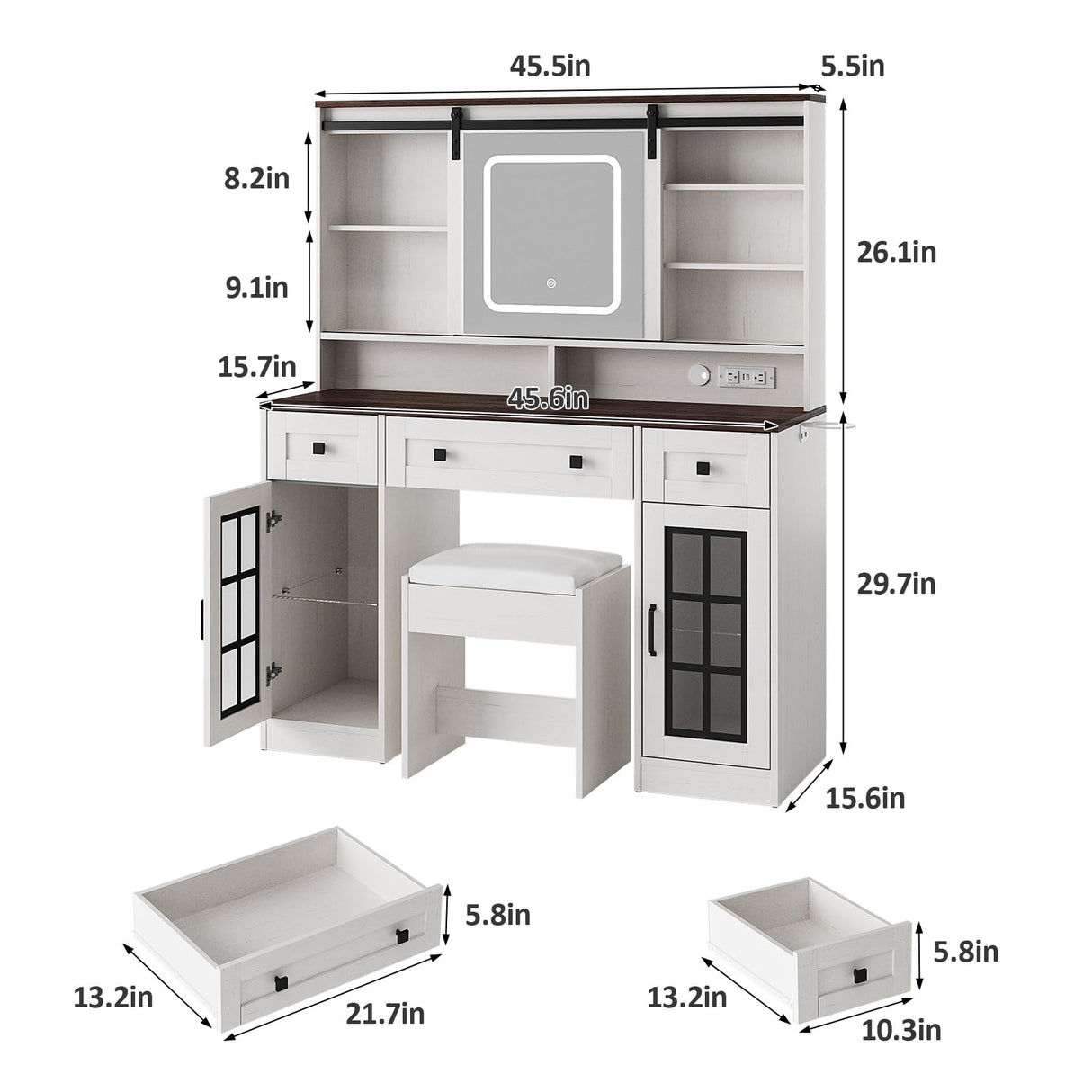 Maupvit Farmhouse Makeup Vanity Desk with Sliding Mirror, 45.5'' Vanity Set with 3 Drawers & 2 RGB LED Cabinets & Charging Station, Ample Storage, Stool Included, Antique White Maupvit