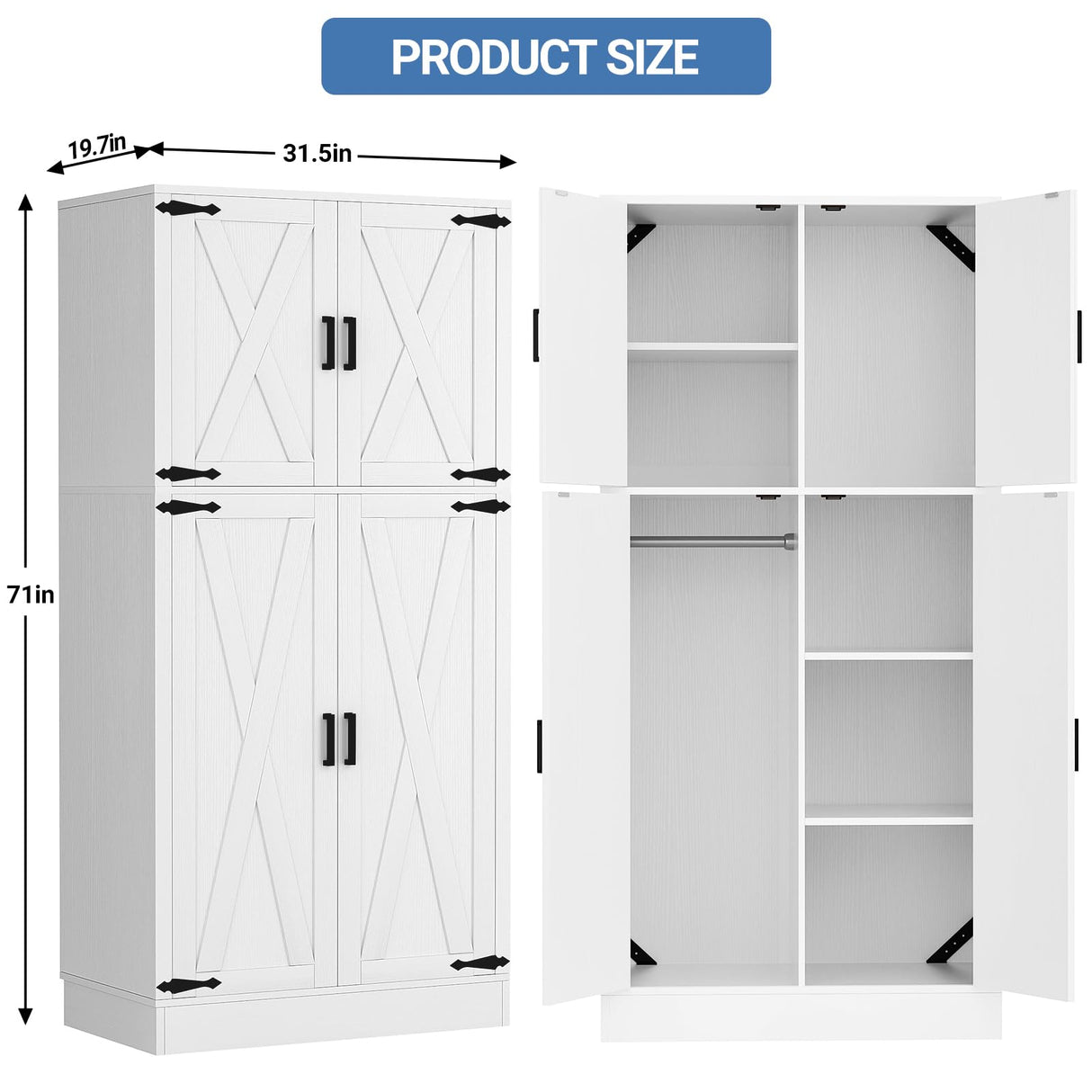 Unikito 71'' Farmhouse Wardrobe Closet with Hanging Rod, 4 Barn Door Clothing Storage Cabinet with Adjustable Shelves, Freestanding Wardrobe Cabinet for Bedroom Living Room Office, White,2 Pack Unikito