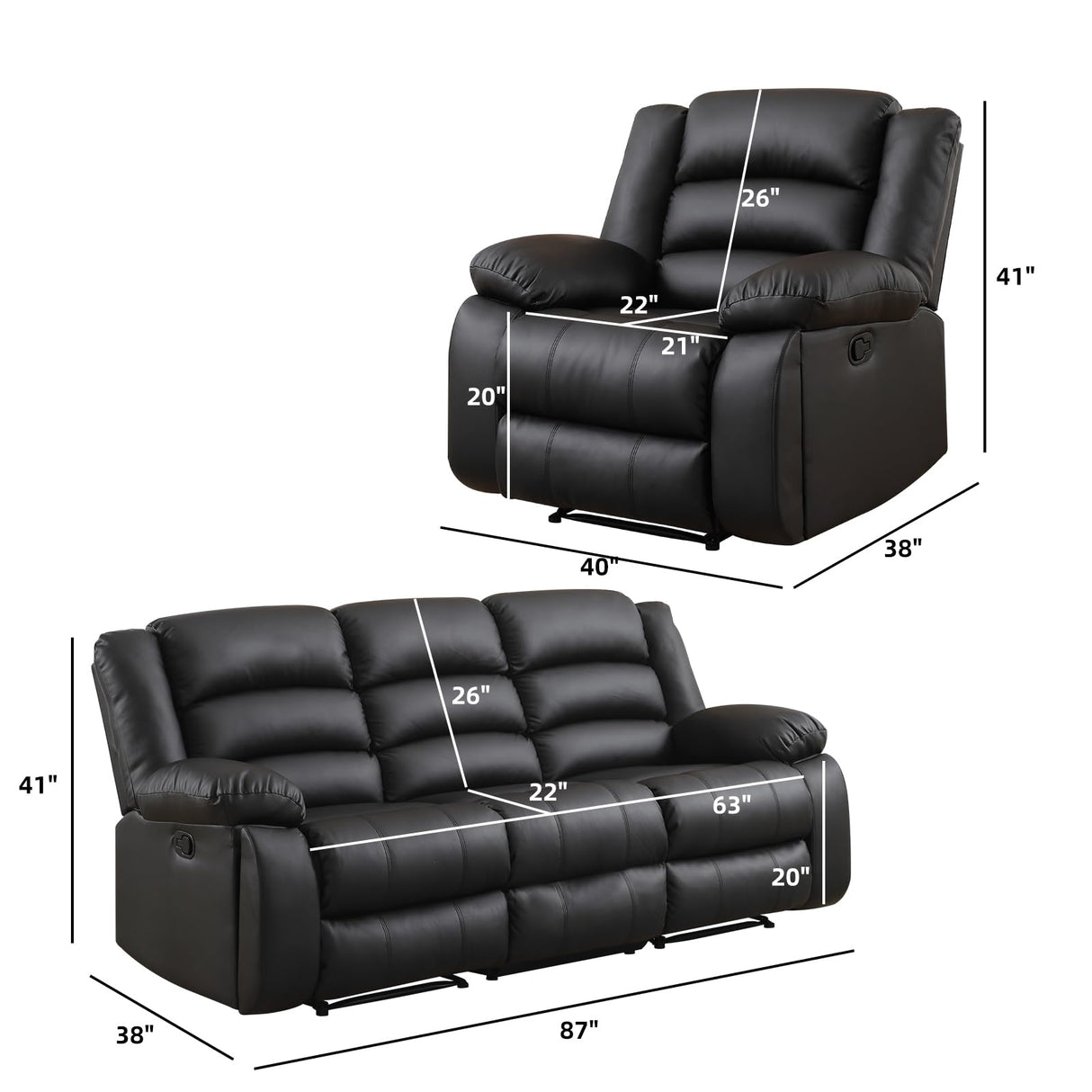EBELLO Faux Leather Manual Recliner Sofa Set, 3 Seat Reclining Sofa, Couch Furniture Set for Living Room, Black EBELLO