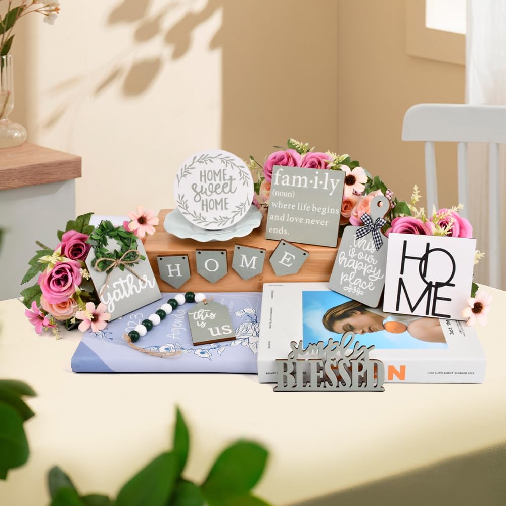 EMVANV 11 PCs Tiered Tray Decoration Set,Wood Sign Rustic Home Sweet Home Simply Blessed Home Tiered Tray Decorations for Dining Room Country Summer Shelf Centerpiece Present(Green+White) EMVANV