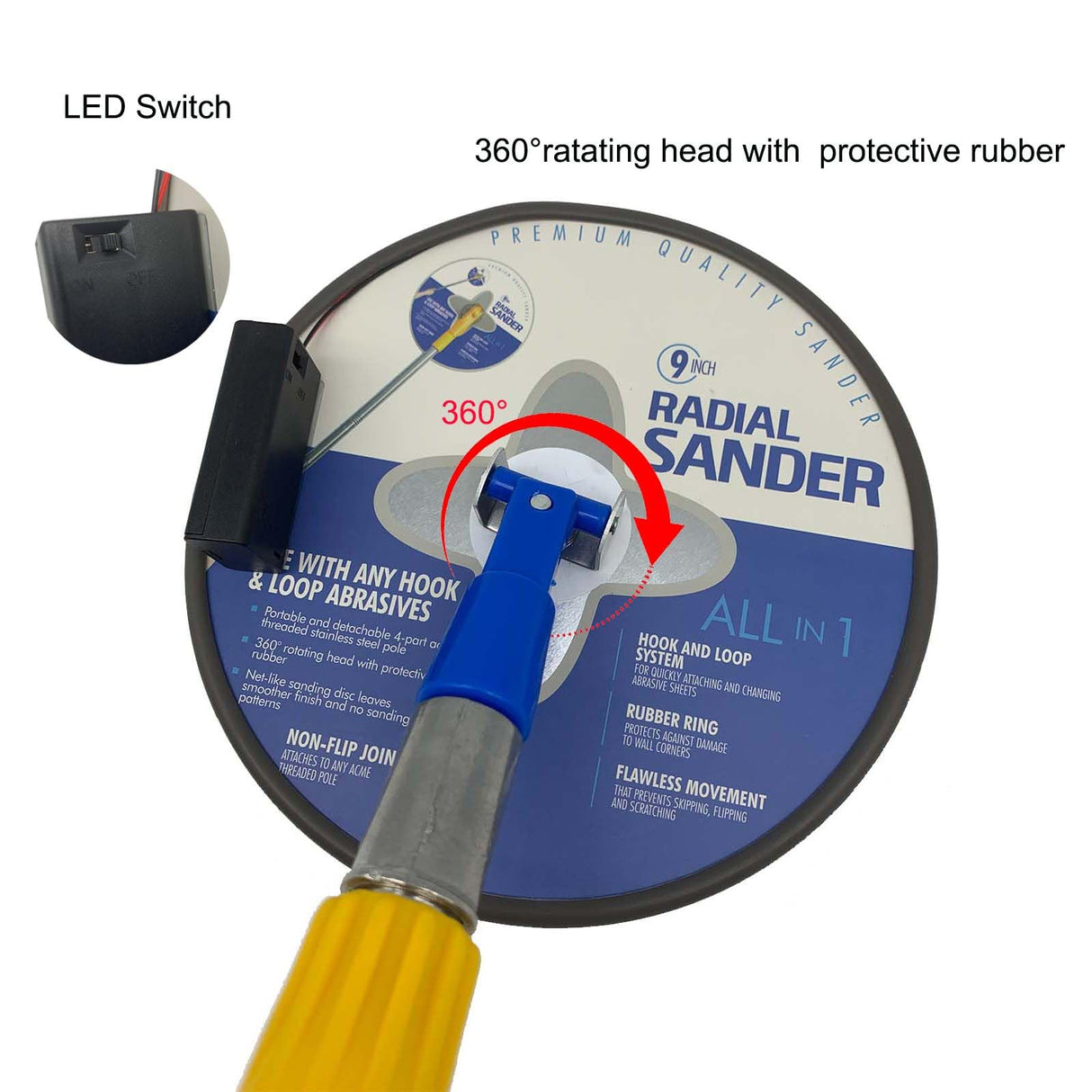 9 inch Drywall Sander,360 Degree Rotary Round Ceiling Radial Sander,Circular Handing Pole Wall Sander for Dry Wall and Painting(with Light Strip) VOLSIVE