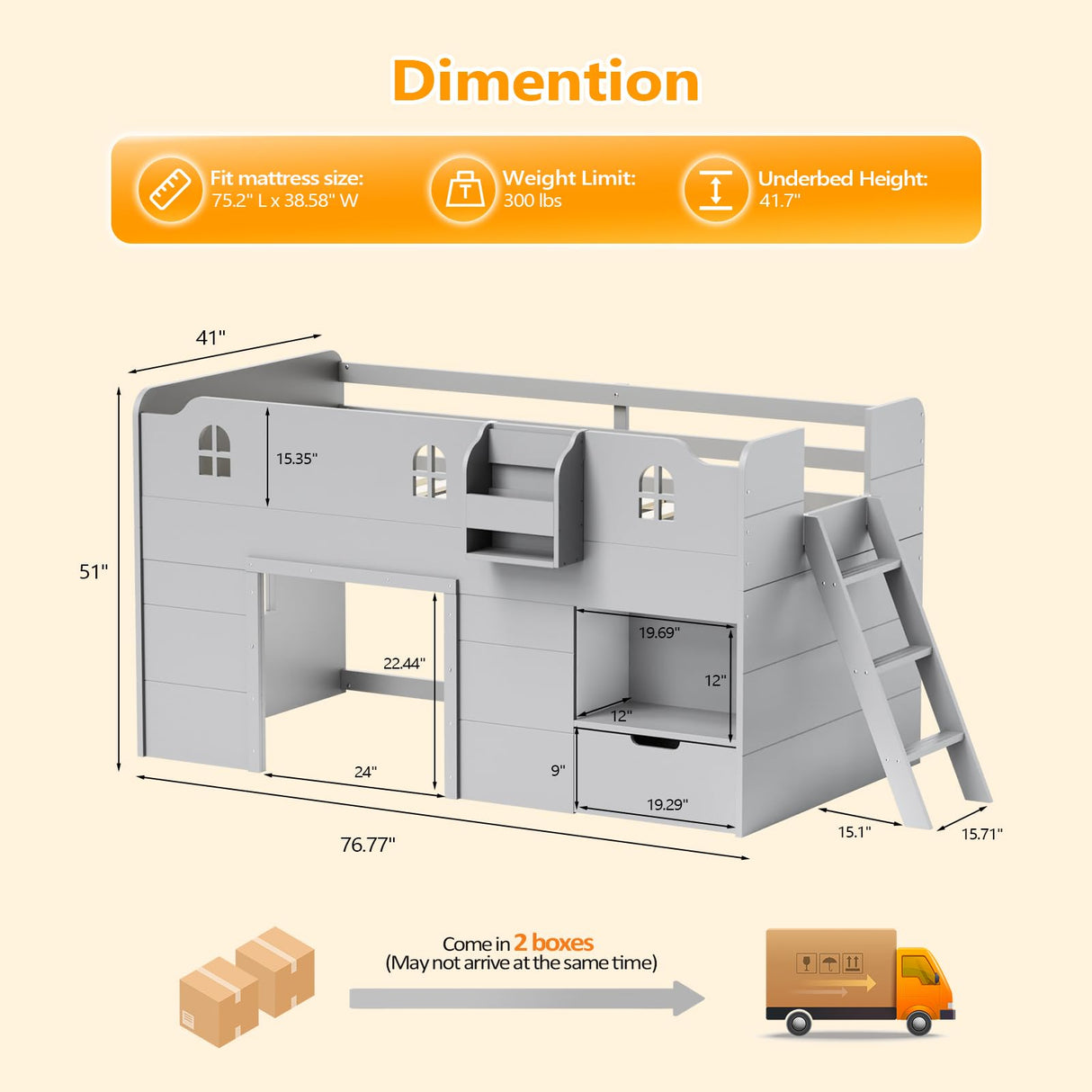 JOYMOR Loft Bed Twin Size with Led Light, Low Loft Bed with Storage Drawer, Modern Farmhouse Loft Bed with Castle Guardrail and Window, Book Rack, Smart APP Control, No Box Spring Needed (Gray) JOYMOR