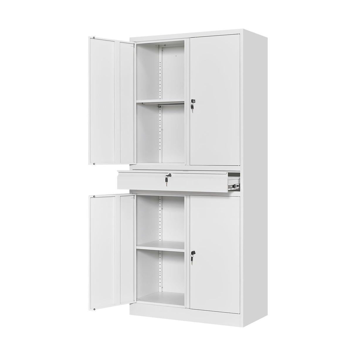 STANI Metal Garage Storage Cabinets with Drawer, 4 Doors Tool Storage Cabinet with 2 Adjustable Shelves, 71"-Lock Steel Locking Cabinet for Garage Utility Room Home Office (White, 0 Wheel-71 H) STANI