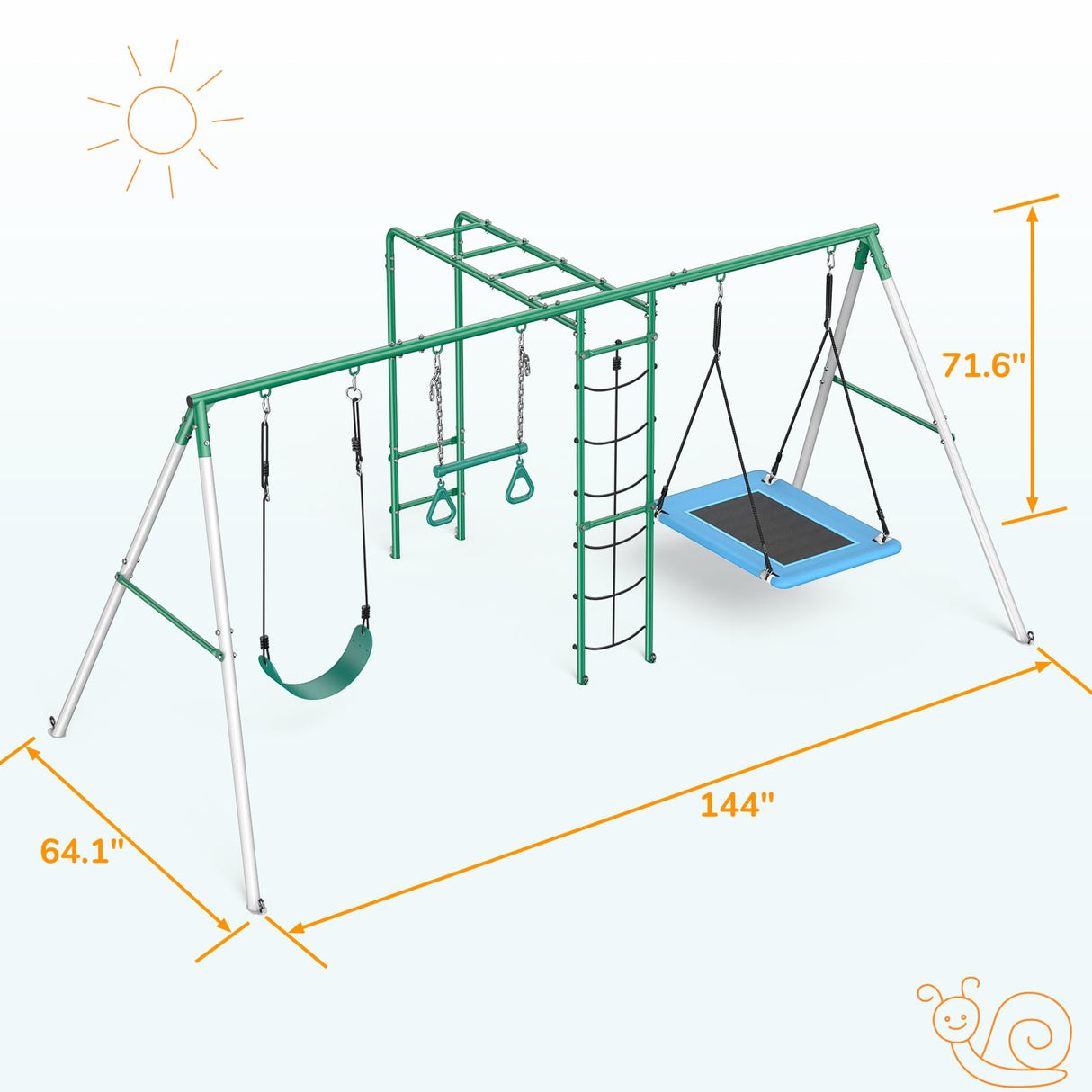 Hapfan Swing Sets for Backyard with Monkey Bars, Belt Swing, Platform Swing, Climbing Net, Trapeze Bar, Outdoor Playset for Kids Hapfan
