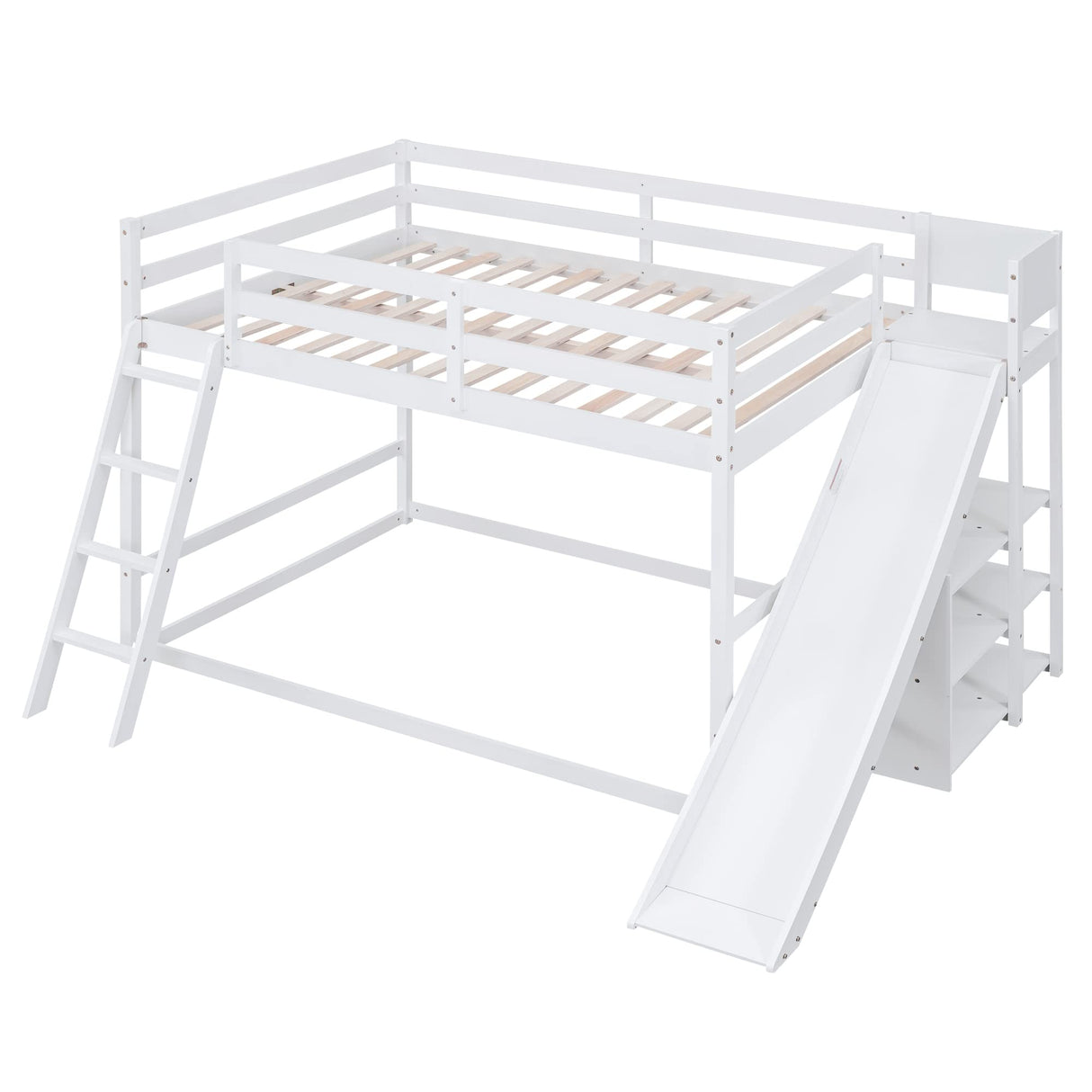 Full Over Full Bunk Beds with Slide and Storage Shelves, Wood Floor Bunk Beds Frame, Kids Bunk Bed for Bedroom, Teens Dormitory (Full Loft Bed with Slide, White) Bellemave
