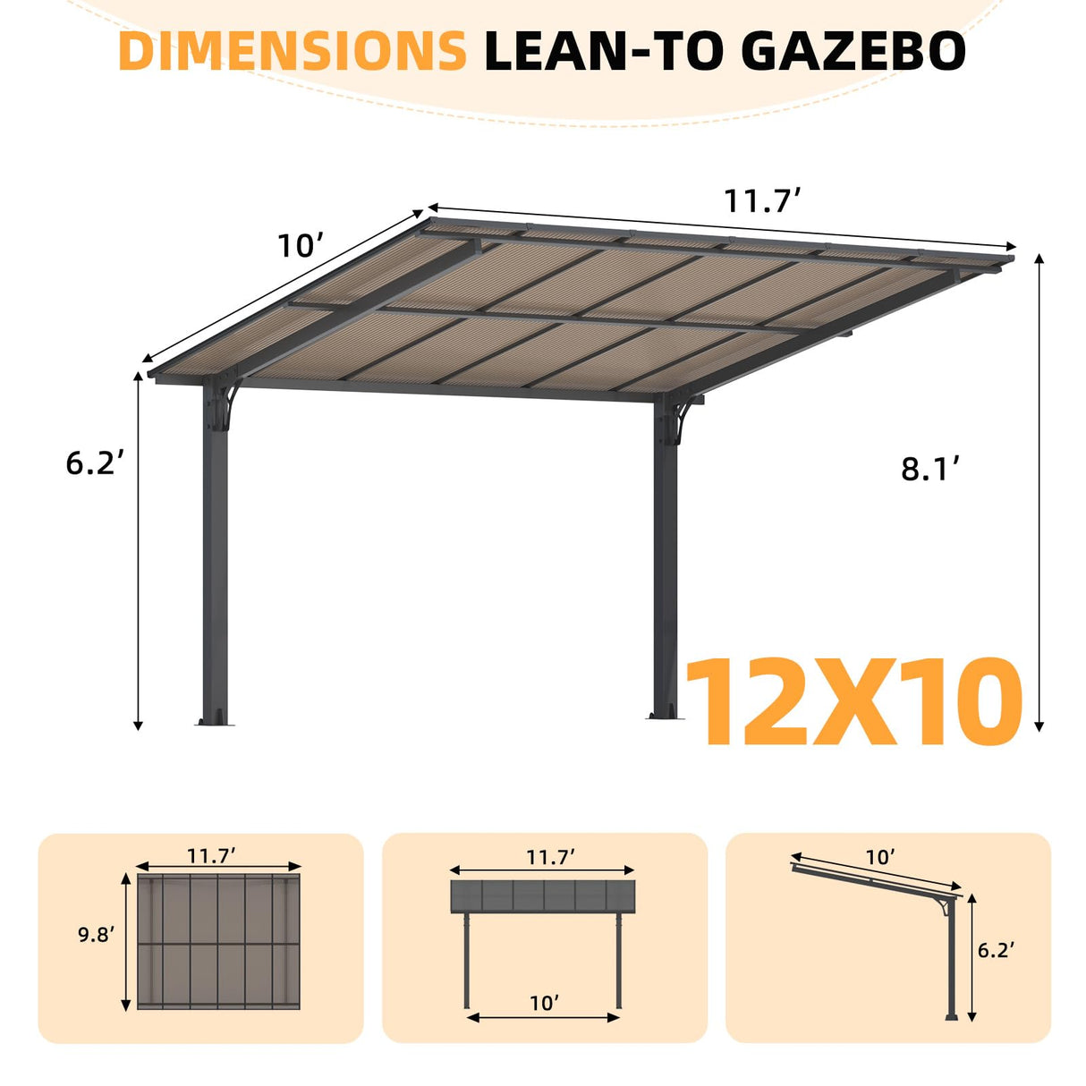 AECOJOY 12' x 10' Gazebo, Outdoor 10x12 Pergola Carport for Patio, Freestanding Lean to Hardtop Gazebo, Pergolas and Gazebos Clearance with Roof, Wall-Mounted Heavy Duty Metal Awnings for Patio, Decks AECOJOY