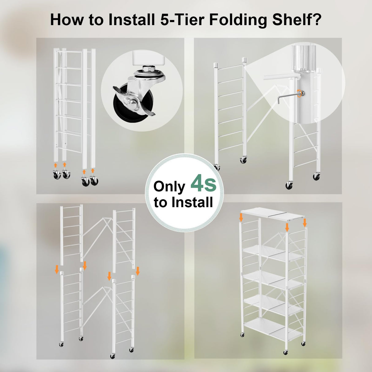 Himix 5 Tier Foldable Storage Shelves, Expandable Folding Pantry Shelf with Wheels, Changeable into 2 Shelf Units, Collapsible Storage Rack Metal Shelves for Kitchen, Room, Garage, White Himix