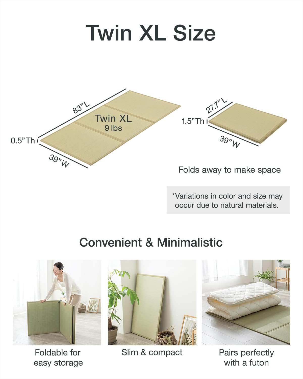 FULI Japanese Tatami Mattress, Tatami Rug, Igusa Mat (Japanese Rush Grass) Folds in Three, Made in Japan (Natural, Twin XL) FULI