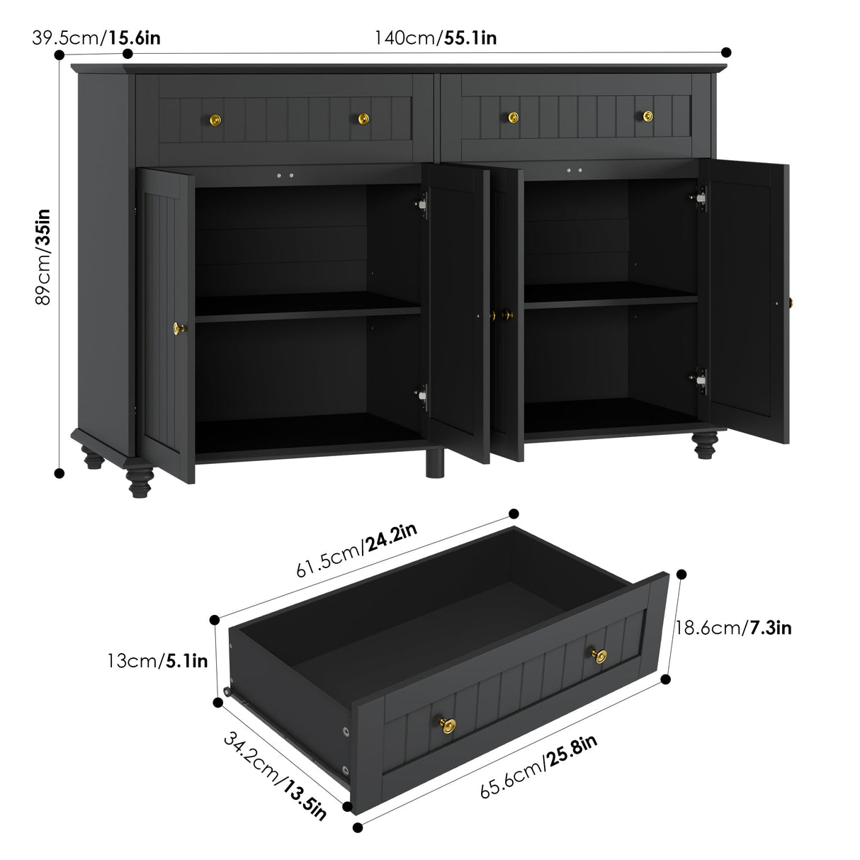finetones Buffet Cabinet with Storage, 55.1” Large Sideboard Buffet Cabinet, Black Kitchen Cabinet Display Cabinet with 2 Drawers and 4 Doors, Wood Coffee Bar Cabinet for Kitchen Dining Room finetones