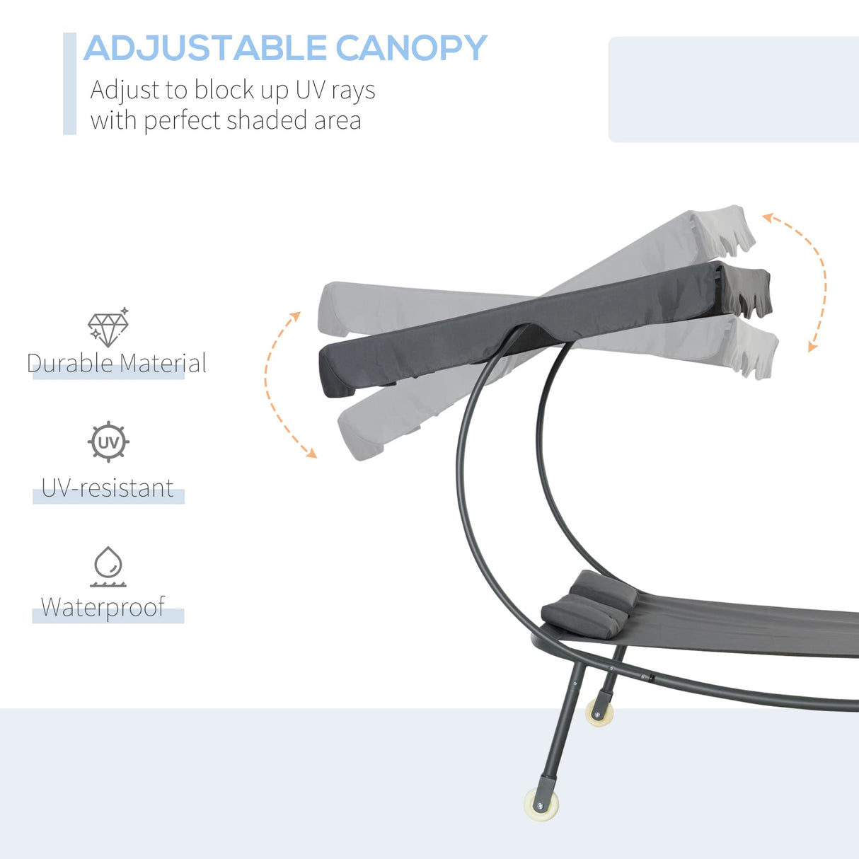 Outsunny Patio Double Chaise Lounge Chair, Outdoor Wheeled Hammock Daybed with Adjustable Canopy and Pillow for Sun Room, Garden, or Poolside, Grey Outsunny