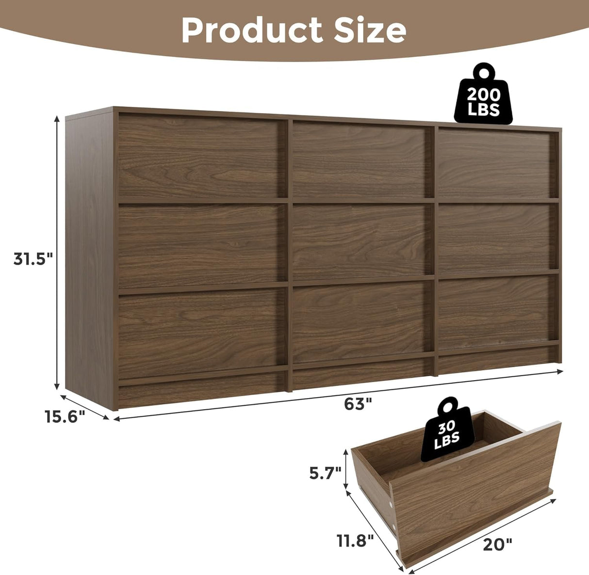 Jiaoun 63" W 9 Drawer Dressers for Bedroom, Modern Large Wood Dresser Chest of Drawers, Wide Dresser Organizer for Living Room, Hallway,Brown