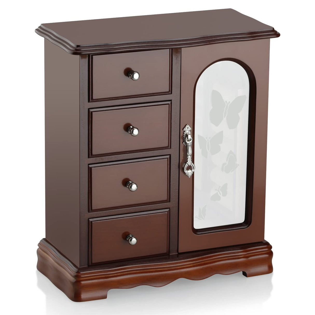 RR ROUND RICH DESIGN Jewelry Box - Made of Solid Wood with 4 Drawers Organizer and Built-in Necklace Carousel and Large Mirror Brown RR ROUND RICH DESIGN