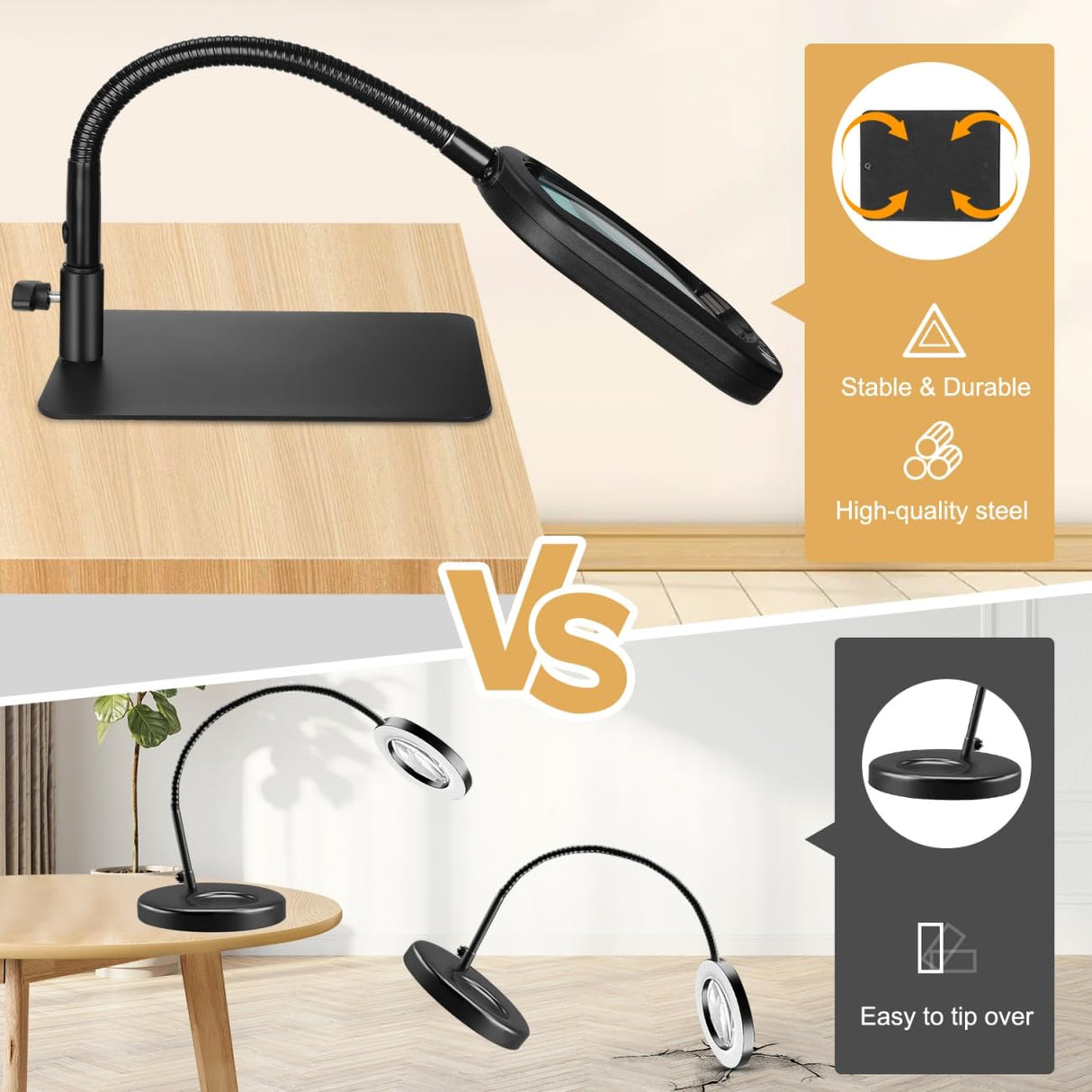 Veemagni 10X Rectangle Magnifying Glass with Light and Stand, Flexible Gooseneck LED Lighted Desk Lamp, 5 Color Modes Stepless Dimmable, Hands Free Magnifier for Reading Crafts Painting Close Work Veemagni