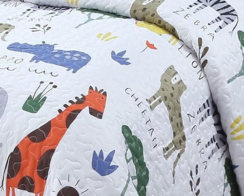 Kids Zone Collection Bedspread Set Kids/Teens Safari Animals White Quilted Bedding Set with Lion Zebra Giraffe Print Full/Queen New # Jungle Kids Zone Home Linen