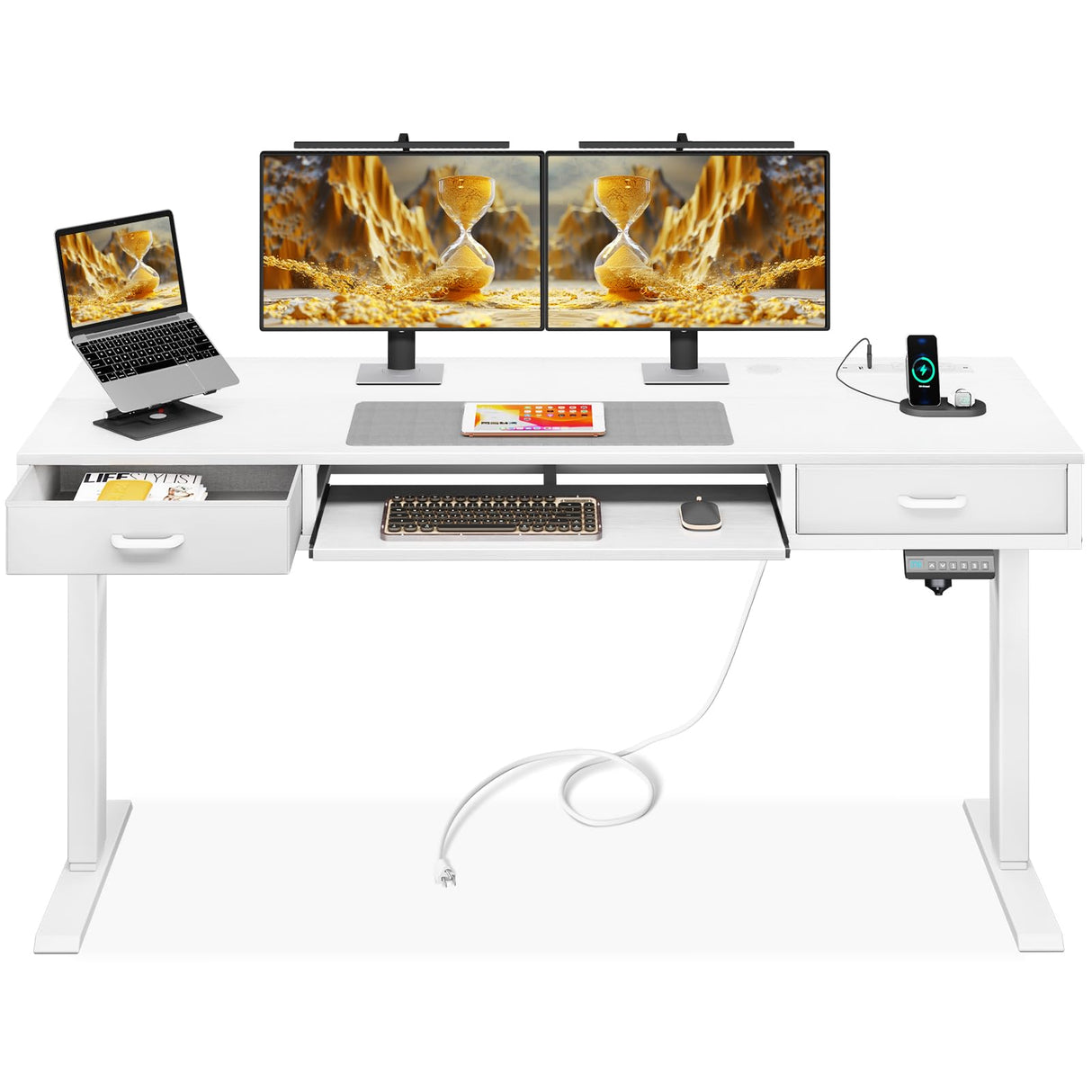 AODK Electric Standing Desk with Drawers & Keyboard Tray, 55 Inch Height Adjustable Desk with Power Outlets, Sit Stand Table, Writing Computer Desk for Home, Office, Workstation, White AODK