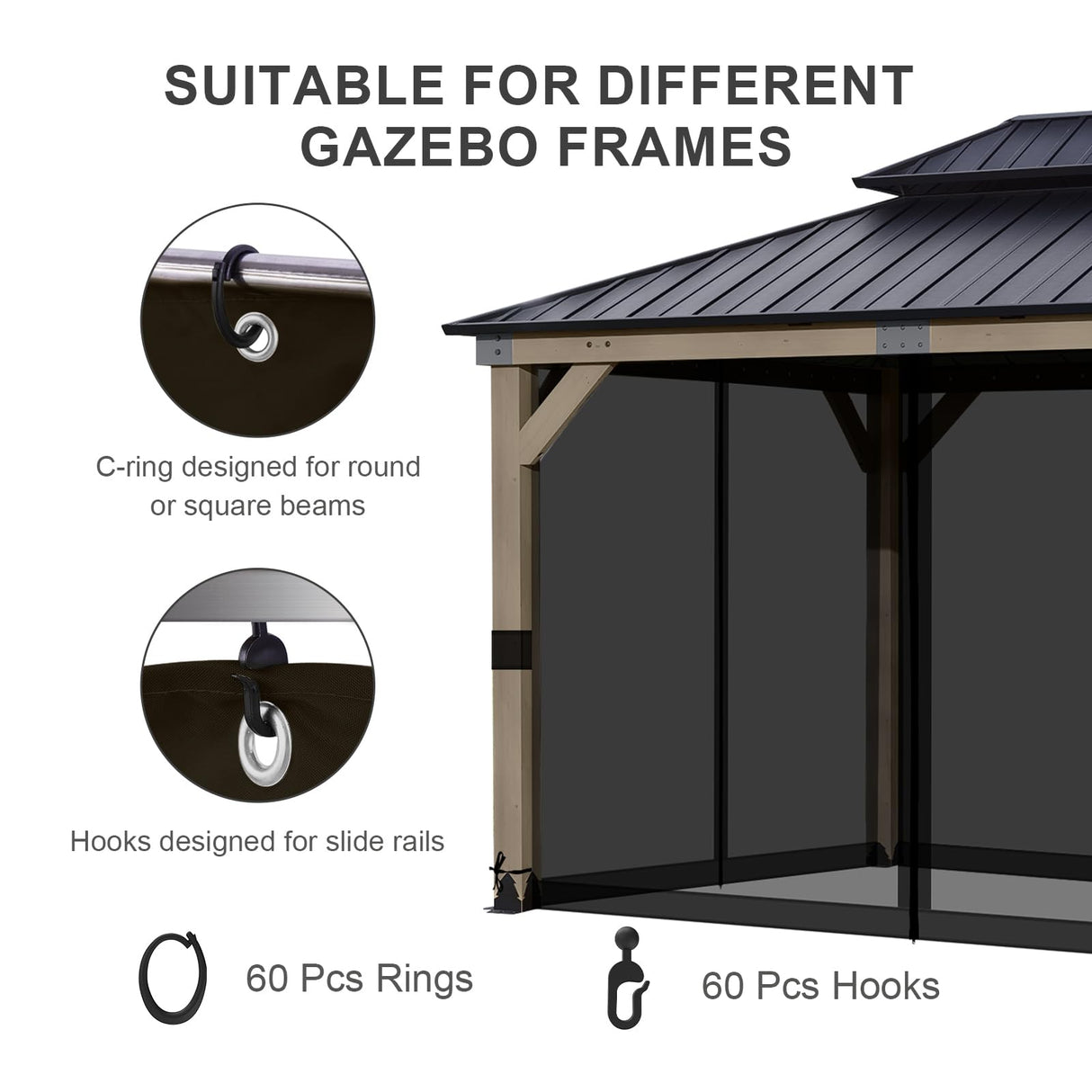 BPS 10' x 12' Gazebo Universal Mosquito Netting Screen Replacement, 4-Panel Screen Walls with Double Zippers for Outdoor Patio, Black (Mosquito Net Only) BPS