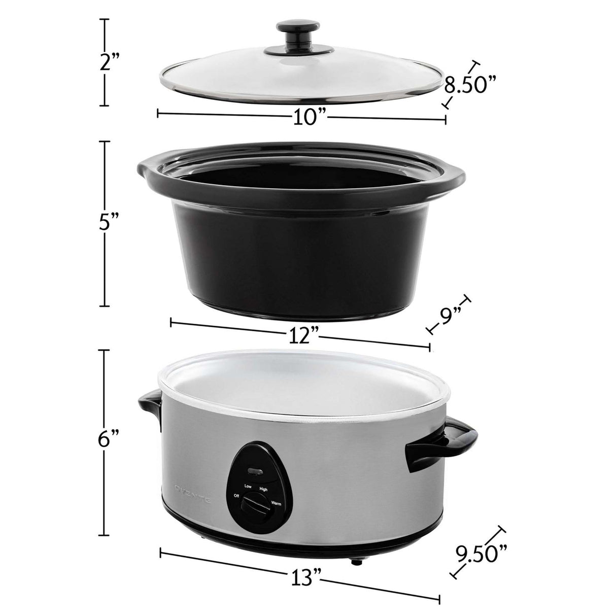 OVENTE Electric Slow Cooker with 3 Cooking Settings, Dishwasher-Safe Stoneware, Tempered Glass Lid and 3.7 Quart Oval Ceramic Pot Perfect for Entrees, Soups, Sauces, Stews and Dips, Silver SLO35ABR OVENTE