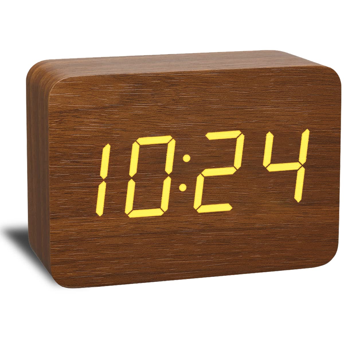 BIOMII Wooden Digital Alarm Clock Electronic LED Time Display,4 Level Adjustable Brightness and Voice Control, Display Time Temperature Date for Bedroom Office Kids and Families,Brown BIOMII