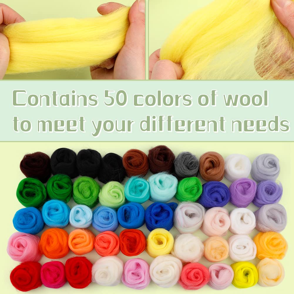 228 Pcs Needle Felting Kit Wool Felting Tools for Beginner 50 Colors Wool Roving Starter Felting Kit with Felting Needles Foam Mat Needle Felting Supplies Storage Bag for DIY Craft Making JUPEAN