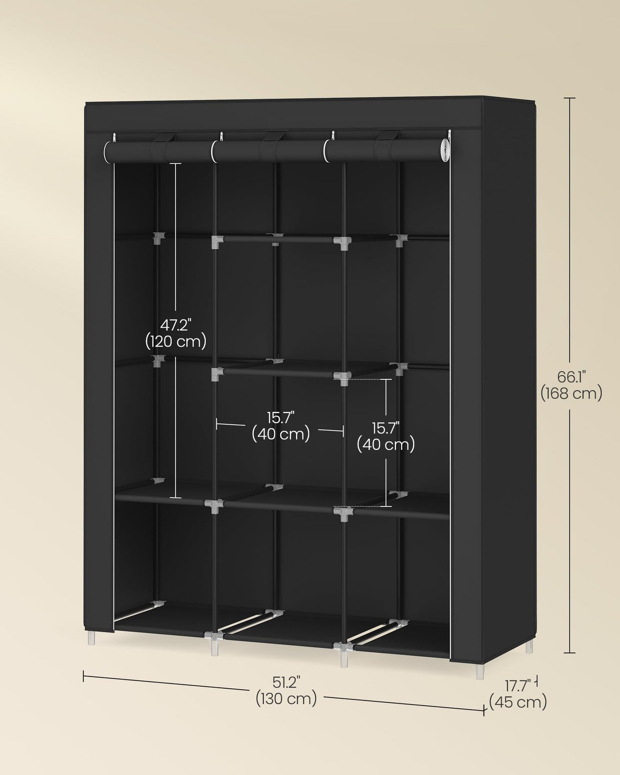 SONGMICS Portable Closet, 51.2 Inch Large Capacity Wardrobe Closet Organizer with Fabric Cover, Hanging Rods and Shelves, 51.2 x 17.7 x 66.1 Inches, for Bedroom, Living Room, Ink Black URYG096B01 SONGMICS