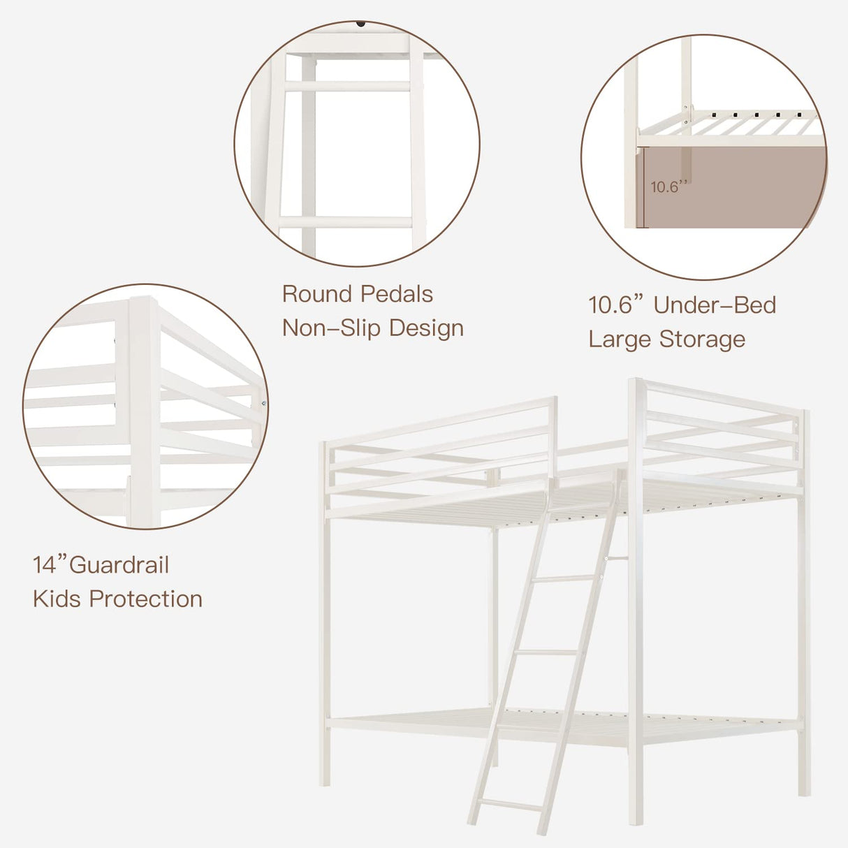 Heavy Duty ikalido Twin Over Twin Metal Bunk Bed with Safety Guard Rail and Ladder in Matte White ikalido