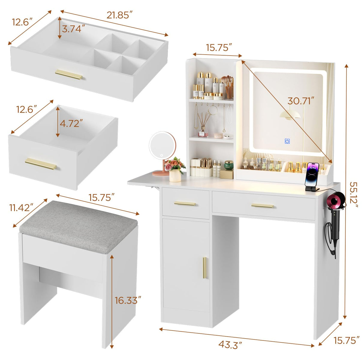 ERLEJIA Vanity Desk with Mirror and Lights & Extral Foldable Desk, 35.43" & 43.3" Makeup Vanity Table with Stool and Plug Outlet, 5 Drawers and Open Shelves Dressing Table for Bedroom, White and Gold ERLEJIA