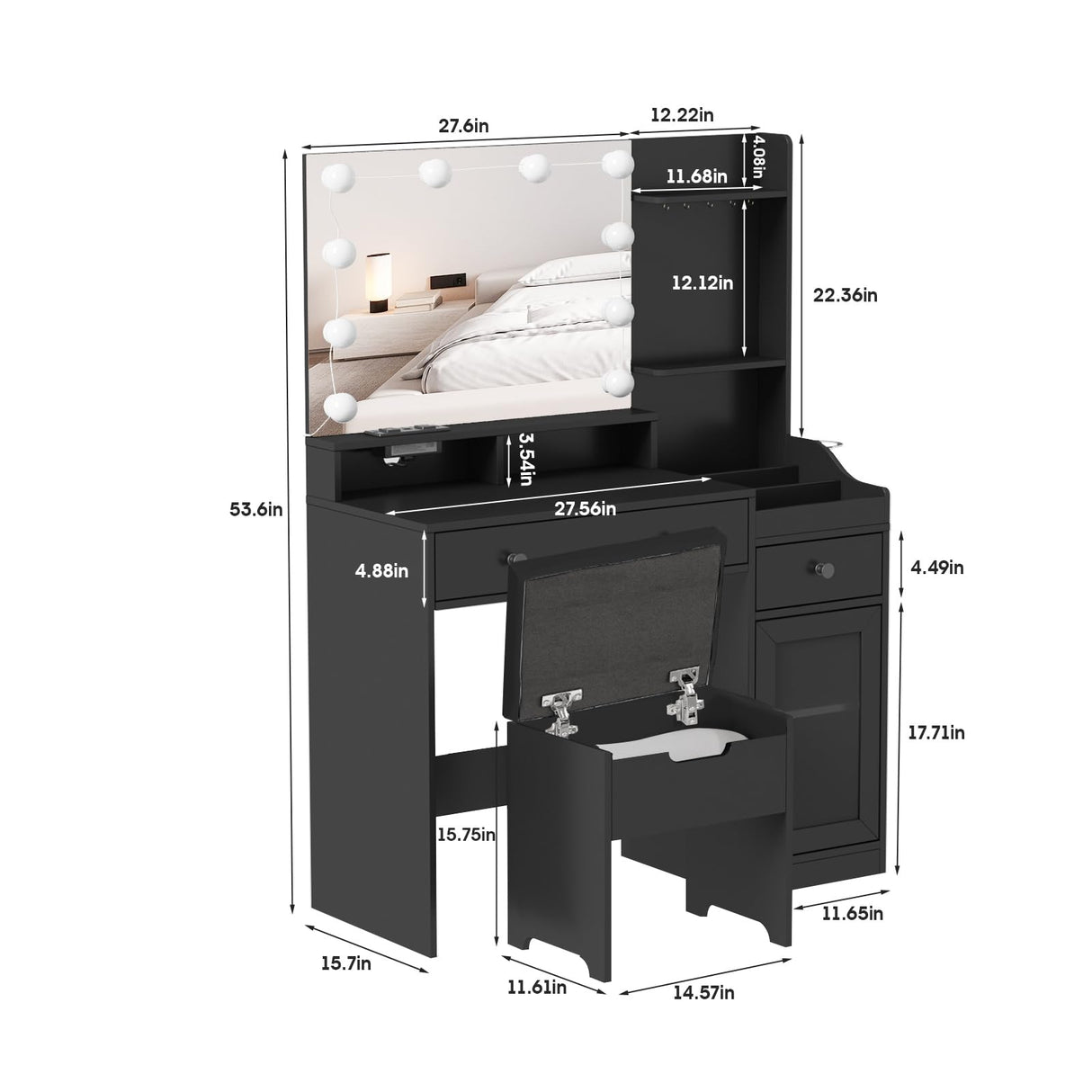 Vabches Makeup Vanity with Mirror and 10 Lights, Big Vanity with 3 Storage Compartments & Power Outlets, Vintage Vanity Set with Large Drawer and Cabinet, 39.8inch, Black Vabches