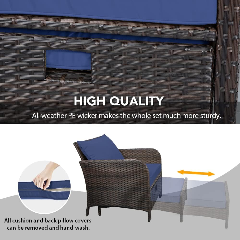 LEVELEVE Balcony Furniture 5 Piece Patio Conversation Set, PE Wicker Rattan Outdoor Lounge Chairs with Soft Cushions 2 Ottoman&Glass Table for Porch, Lawn-Brown Wicker LEVELEVE