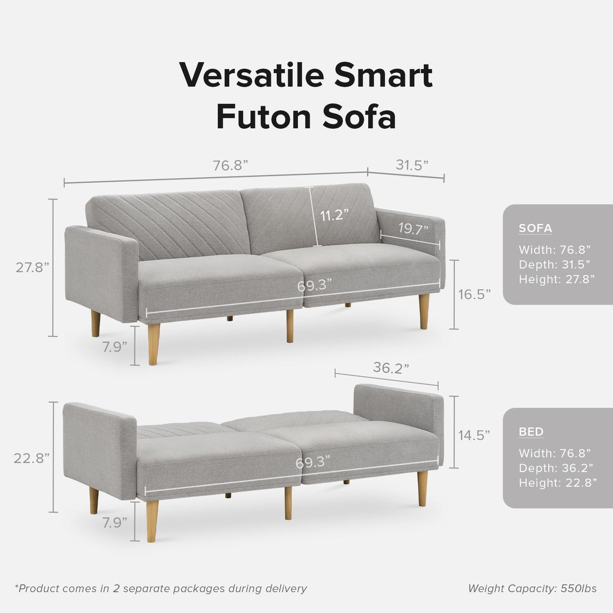 mopio Futon Sofa Bed, Couch, Small Sofa, Sleeper Sofa, Loveseat, Mid Century Modern Futon Couch, Sofa Cama, Couches for Living Room (Light Gray Fabric) mopio