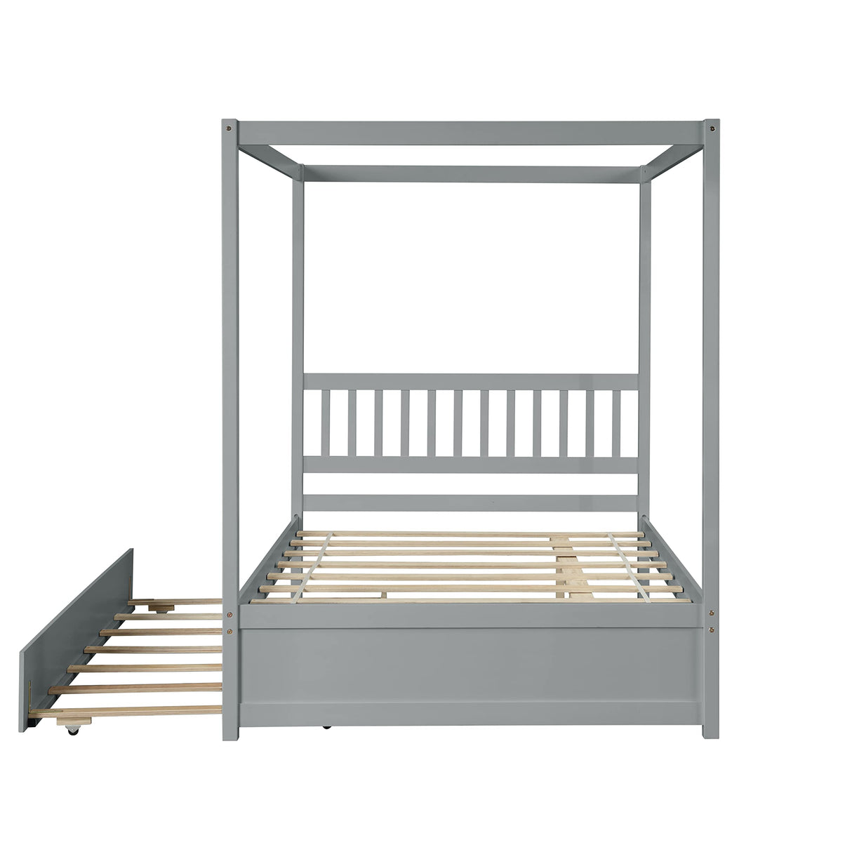 Bellemave Full Size Canopy Bed with Twin Size Trundle, Wood Full Platform Bed with Headboard, Modern 4 Poster Panel Bed for Kids, Teens, Adults. No Box Spring Needed (Gray) Bellemave