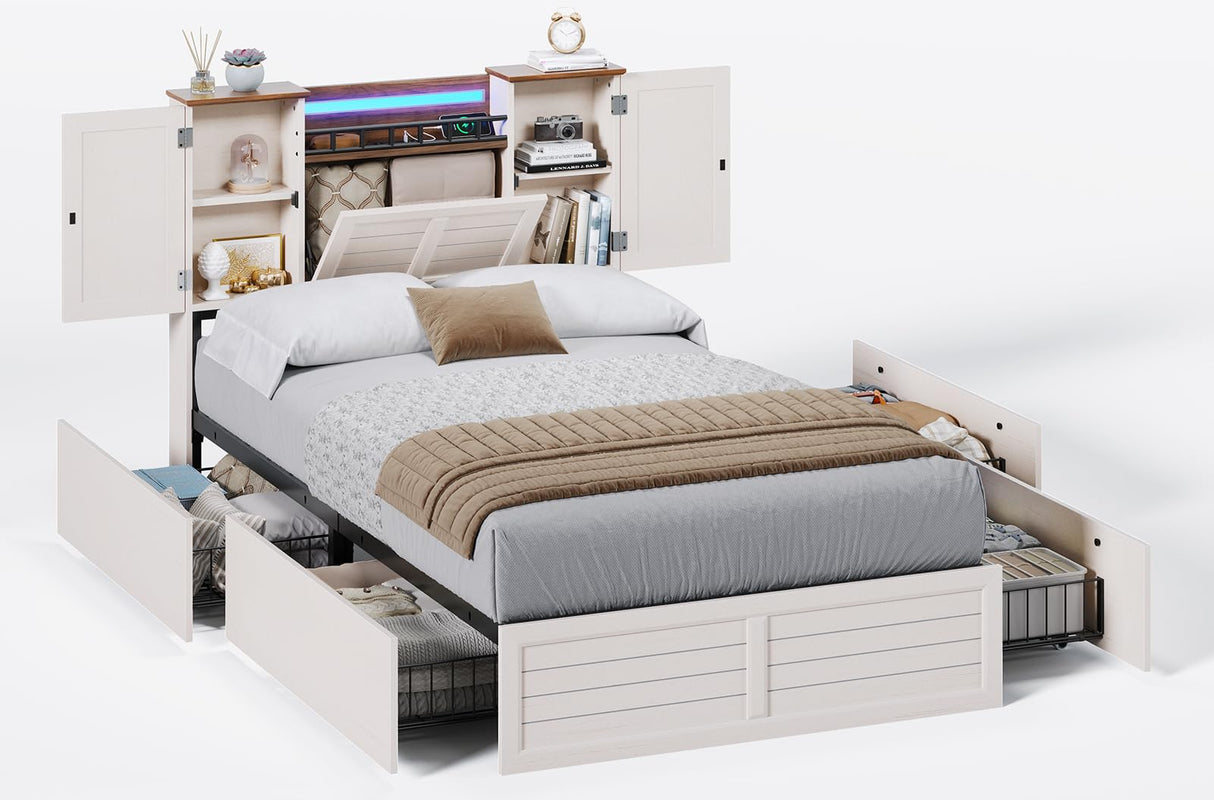 VIAGDO Farmhouse Twin Bed Frames with Headboard and Double Barn Door Storage Cabinets, Rustic Wooden Bed Frame Twin Size with Charging Station, 4 Drawers and LED Lights, No Box Spring Needed, White VIAGDO