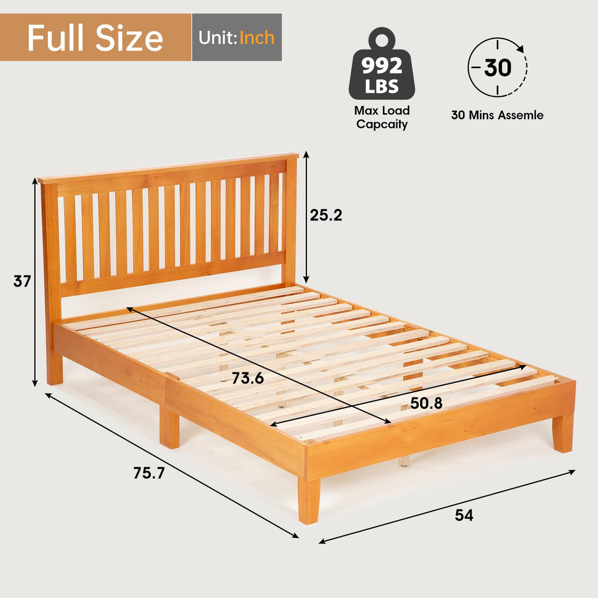 PayLessHere Solid Wood Platform Bed Frame with Headboard - Easy Assembly, No Box Spring Needed, Brown, Full Size PayLessHere