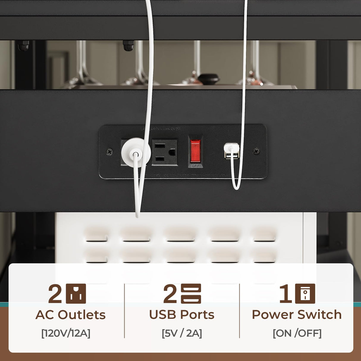 Itaar Bakers Rack with Power Outlet and LED Light, 45.3 Inch Farmhouse Coffee Bar Cabinet, Kitchen Microwave Stand with Storage, Glass Cabinet, Goblet Holder and 8 Hooks, Black Itaar