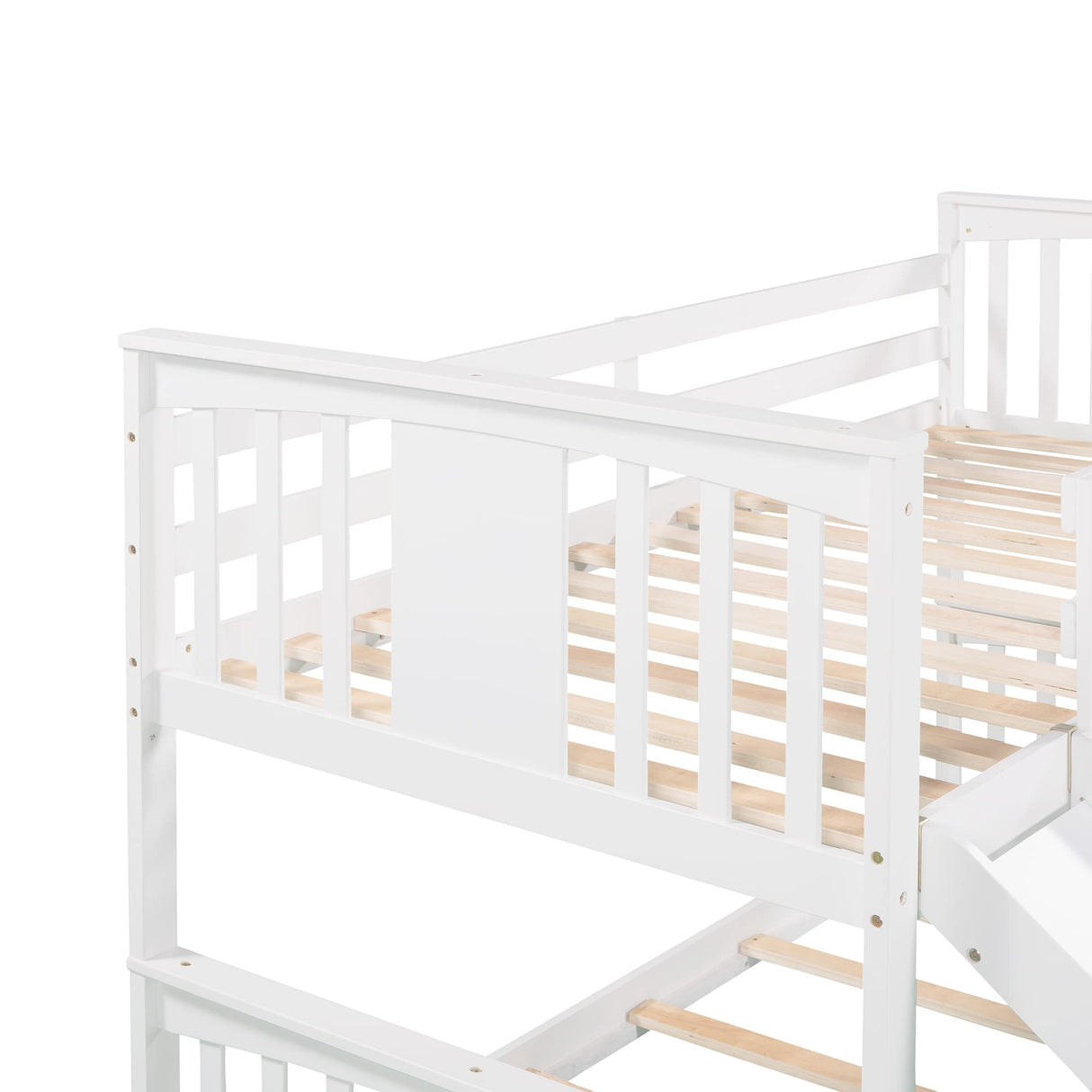 Montessori Floor Bunk Bed Twin Over Twin, Twin Bunk Bed with Slide and Ladder, Kids Bunk Beds with Guardrail Headboard and Footboard, Low Bunk Beds for Kids, Boys, Girls, Twin Bunk Bed White Bellemave
