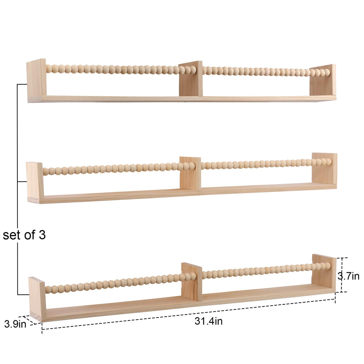 birola Nursery Book Shelves for Kids Rooms - 32 Inches Floating Wall Bookshelves Set of 3, Space-Saving Nursery Shelves with Beads Design for Kids Room, Bedroom and Study Room(Natural) birola