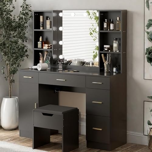 HobbyField 56’’ Makeup Vanity Desk with Mirror and LED Lights,Modern Dressing Table with Drawers & Adjustable Shelves, Makeup Table Set with Power Outlet,Cushioned Stool for Bedroom(Black) HobbyField
