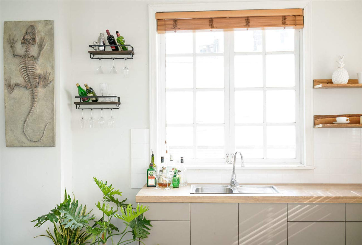 Mkono Wall Mounted Wine Rack Set of 2 Wood Rustic Wine Bottle Glass Floating Shelves with Stemware Hanger Modern Plants Photos Wine Display Storage Holder for Kitchen Dining Room Bar, 17 Inch Mkono