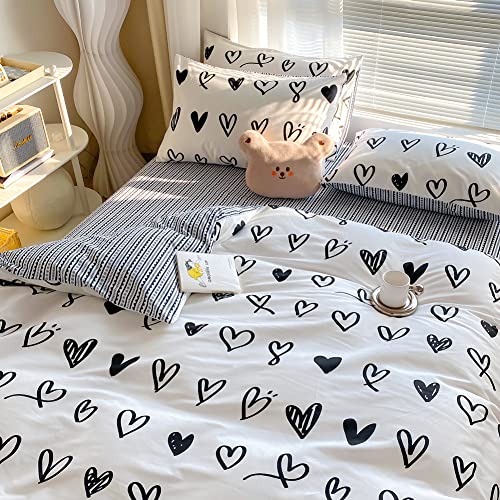 BlueBlue Hearts Kids Duvet Cover Set Twin 100% Cotton Bedding for Boys Girls Teens Single Bed Cartoon Kawaii Black White Heart Love Pattern 1 Cute Comforter Cover 2 Pillowcase (Twin) BlueBlue