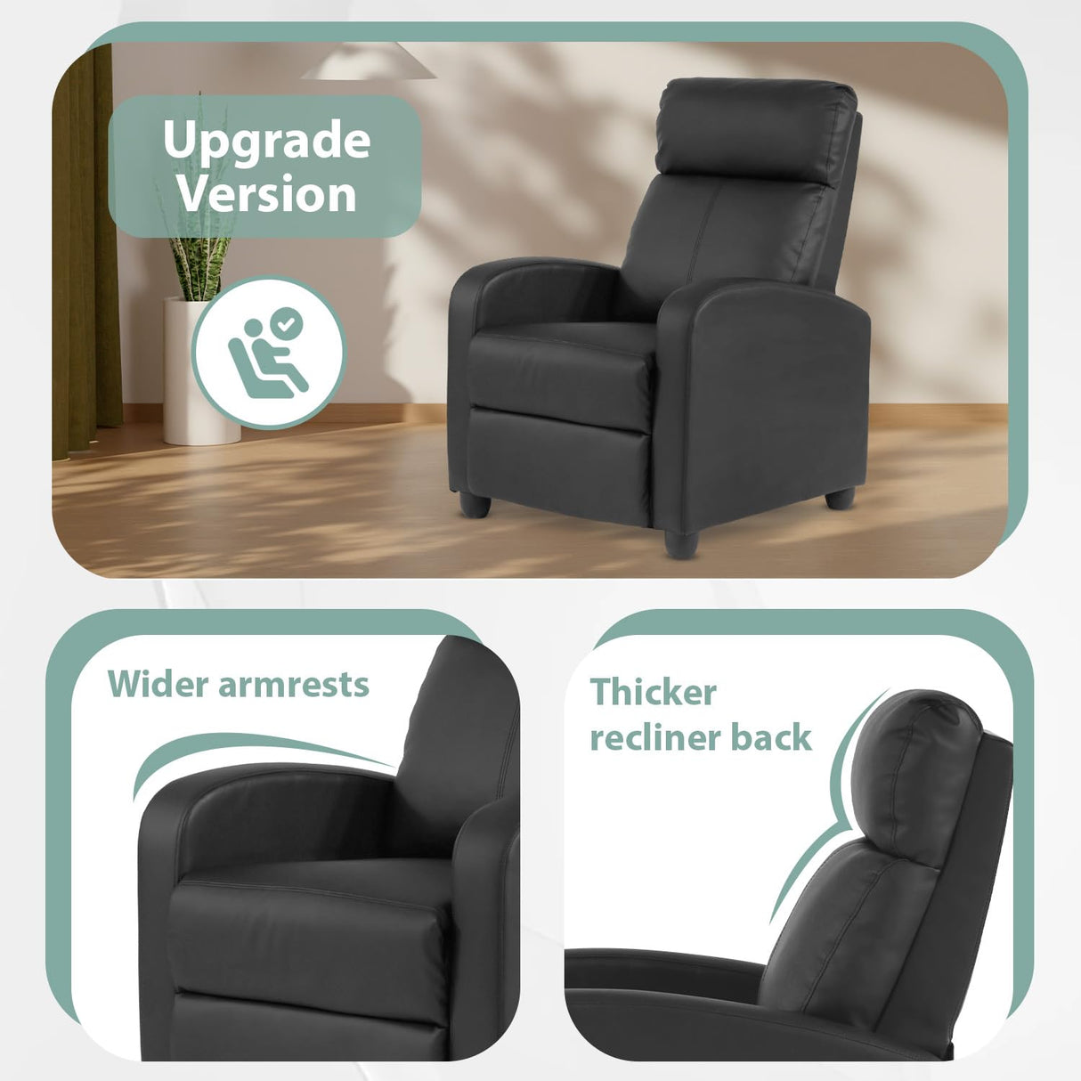 Ruesleag Recliner Chair Recliner Sofa Modern Reclining Chair w/Footrest Backrest Breathable Padded PU Leather Single Sofa Home Theater Seating Reclining Easy Lounge for Living Room Bedroom,Black Ruesleag