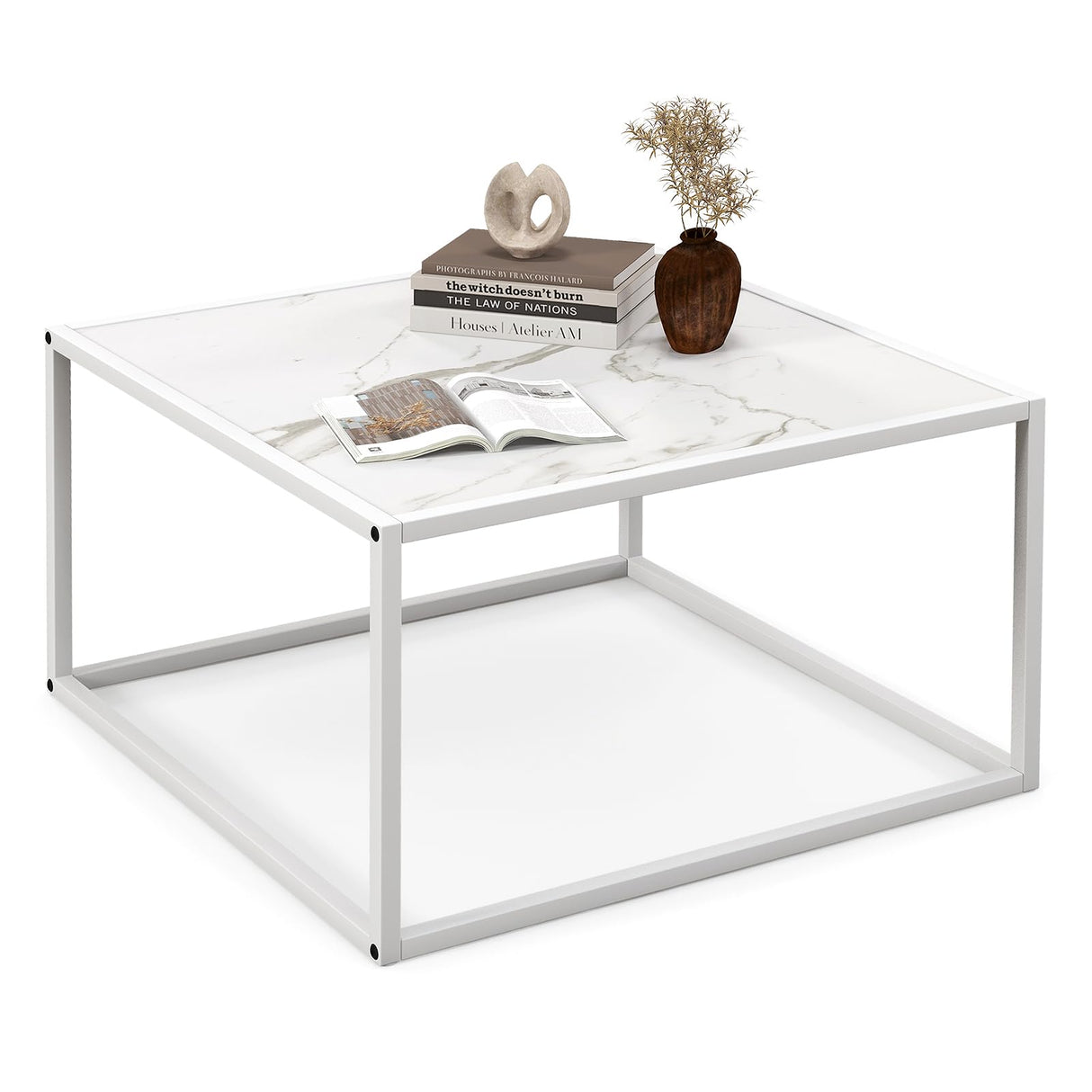 Giantex Square Coffee Table with Faux Marble Tabletop & Steel Frame, Center Cocktail Table, Accent Living Room Furniture, Low Bedside Table, Easy Assembly (White) Giantex