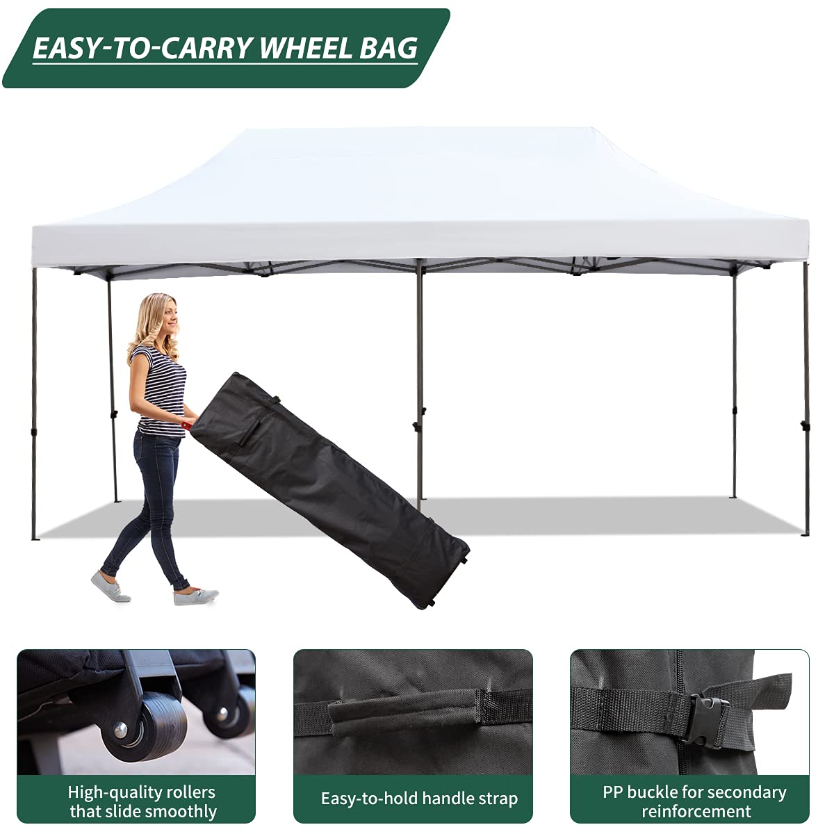 EROMMY 10' x 20' Pop Up Canopy Tent, Commercial Instant Canopy with Roller Bag, 6 Sand Bags, Outdoor Canopies for Festival, Event, White EROMMY