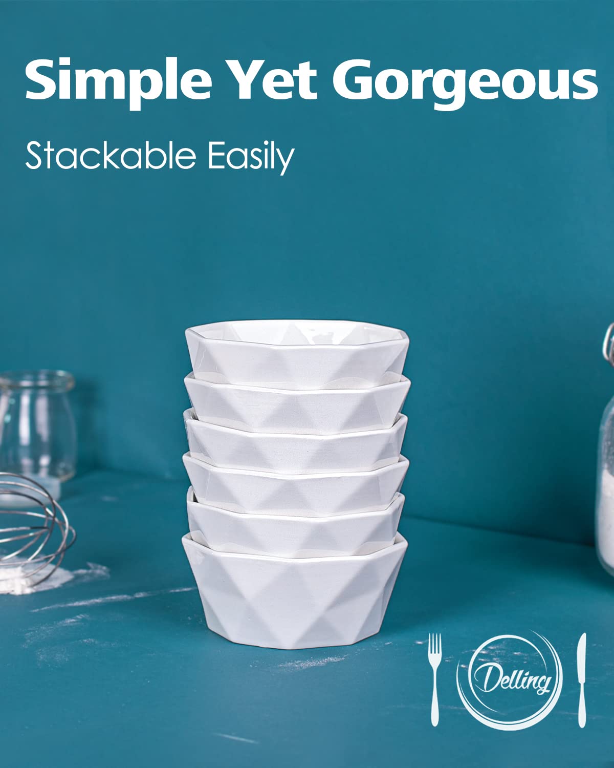 Ramekins 8 oz, Delling Creme Brulee Ramekins, Porcelain Ramekins Oven Safe, Geometric Style Ramekins for Baking Souffle, Ice Cream, Snack, Charcuterie Bowls, Set of 6, White DELLING