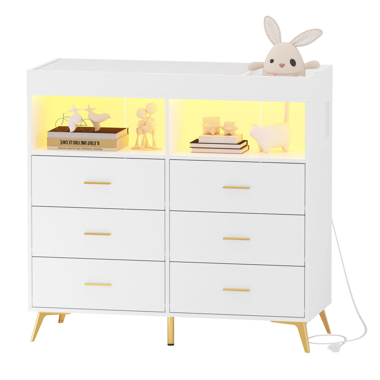 GarveeHome Dresser for Bedroom with 6 Drawers, Baby Changing Table Dresser with Changing Pad, LED Lights & Charging Station, Baby Changing Station with Changing Table Top, White GarveeHome