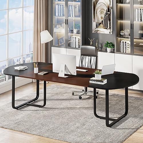 Tribesigns 70.86'' Modern Oval Executive Computer Desk with Two-Tone Finish Splicing Board, Large Double Desk for Workstation, Curved Home Office Desks for 2 Person (Walnut+Black) Tribesigns