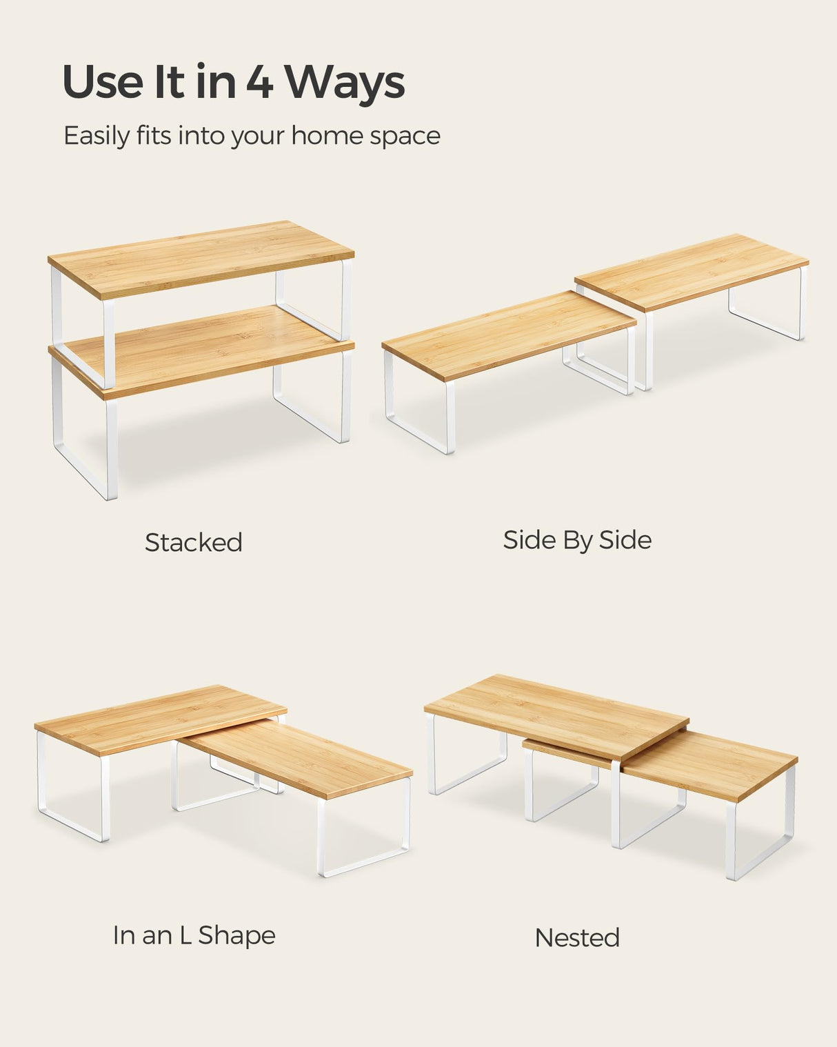 SONGMICS Cabinet Organizer Shelf, Set of 4 Kitchen Counter Shelves, Kitchen Storage, Spice Rack, Stackable, Expandable, Metal and Engineered Wood, SONGMICS