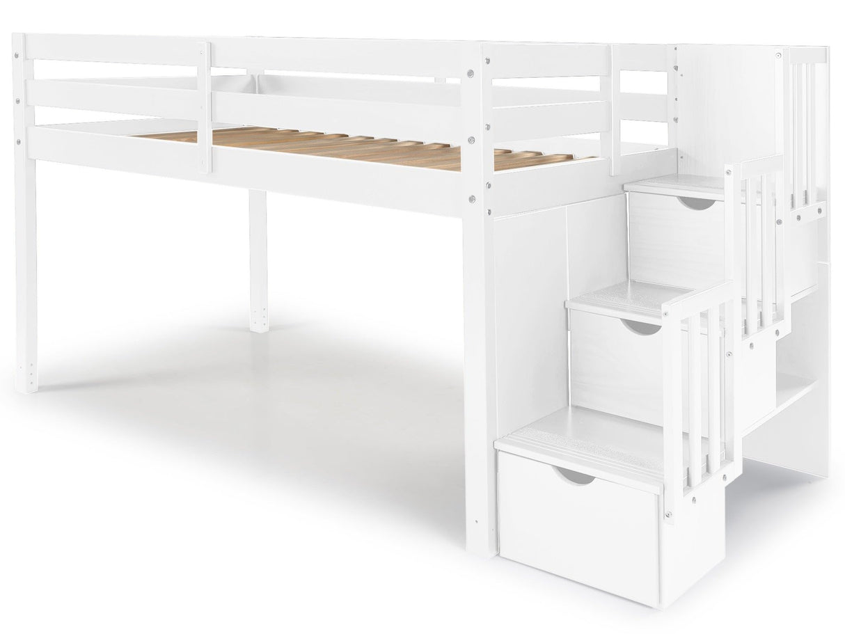 Bedz King Contemporary Low Loft Twin Bed with 3 Step-Stairway, White Bedz King